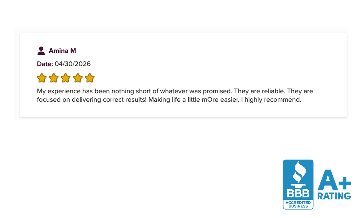 Five-star BBB review from Amina M, dated April 30, 2026