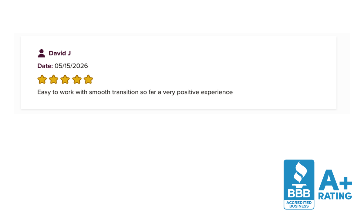 Five-star BBB review from David J, dated May 15, 2026